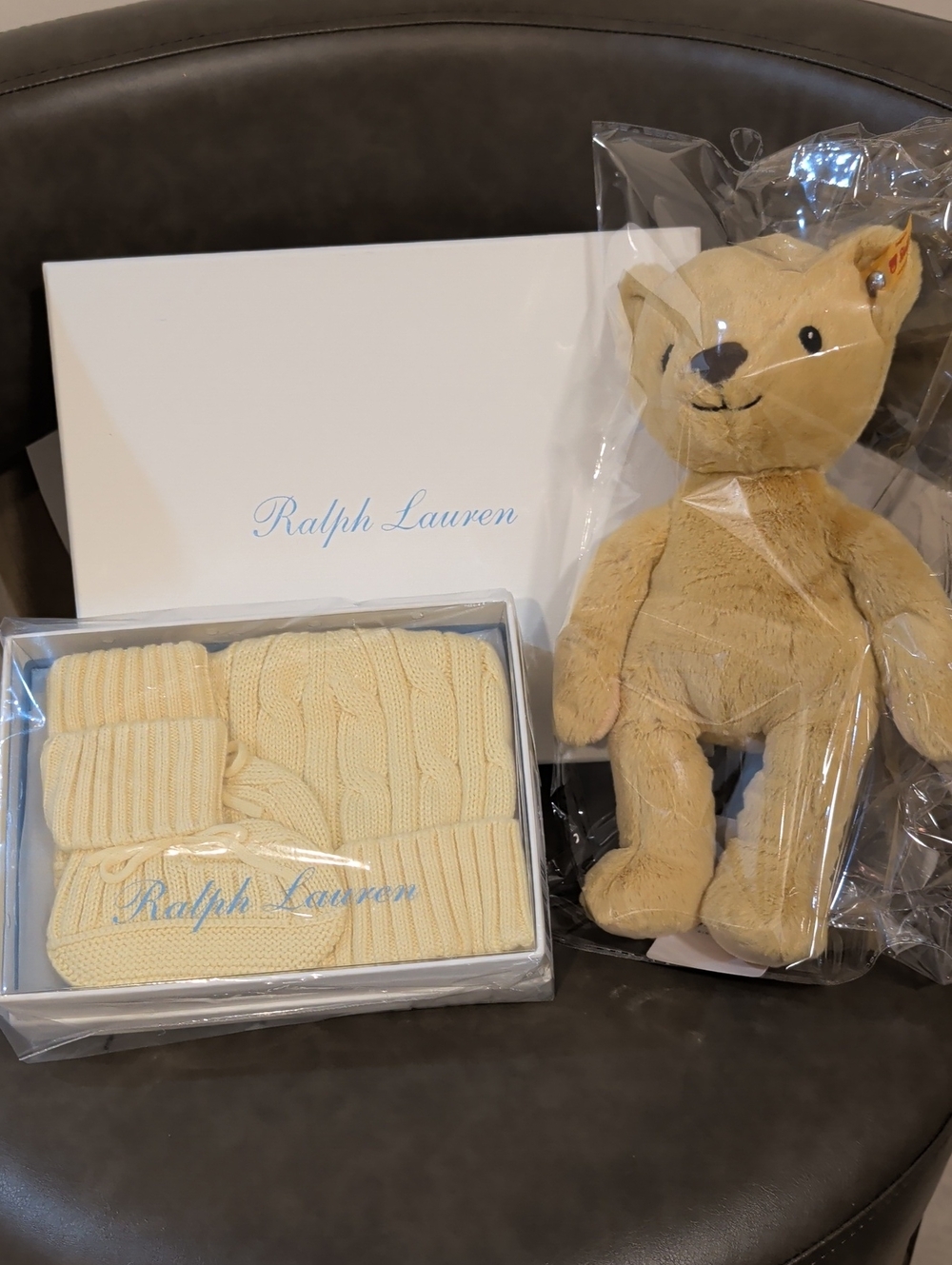Ralph Lauren 5 pc Cable Sweater Set; Booties & Beanie, My First Steiff Teddy NWT